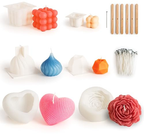 Rundwerk® 6x Kerzenformen zum Gießen - Kerzen Selber Machen Set - ideal für Wachs oder Seife - DIY zum selber gießen - Premium Herz und Rosen Form - Bubble candle - Silikonformen