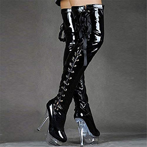 fikujap Femme Cuissardes 15 cm Sexy élégant Stretch Cuissardes Brevets Bottes en Cuir sur Discoteca Bar Delgadas Bottes à Talon Haut Bottes Pole Dance,Noir,43