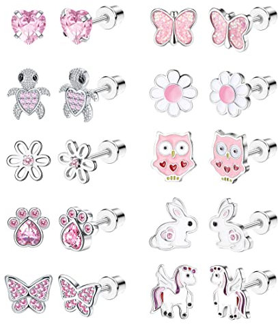 LOLIAS 10 Paar Süße Verschraubte Ohrstecker für Damen Mädchen Edelstahl Mehrfarbige Herz Blume Schmetterling Regenbogen CZ Ohrstecker Hypoallergene Schraubverschluss Ohrringe