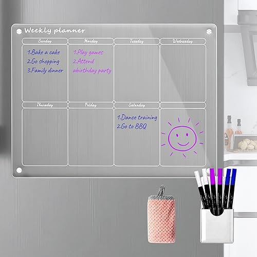 Calendario semanal magnético acrílico para refrigerador, planificador de planificación de comidas transparente para refrigerador, incluye 6 marcadores de borrado en seco con 3 colores
