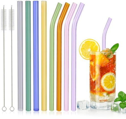 8 Piezas Traje de Pajitas de Cristal Reutilizables, 4 Piezas Curvadas + 4 Piezas Rectas Pajitas de Cristal, Pajitas de Vidrio Multicolor para Batidos, Jugos, Cócteles