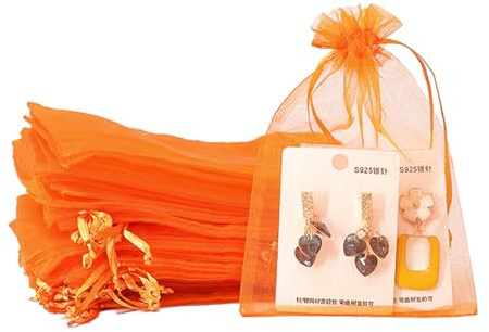 100 st orange organza presentpåsar, 10 x 15 cm små organza-favoritväskor, bröllop smycken påsar med dragsko, nät godis favoritväska fest söta väskor för födelsedag, bröllop, jul, presentförpackning