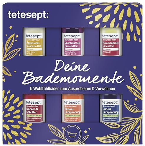 tetesept Geschenkset Deine Bademomente 6 x 20 ml – 6 Badezusätze als Probierset – Wohlfühlbäder zum Ausprobieren, Verwöhnen und Verschenken
