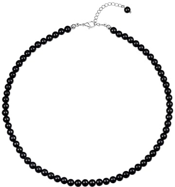FOCALOOK Collier Perle Noir Femme de 6mm, Collier Perle Homme Ras de Cou en Cristal Ajustable de 45cm