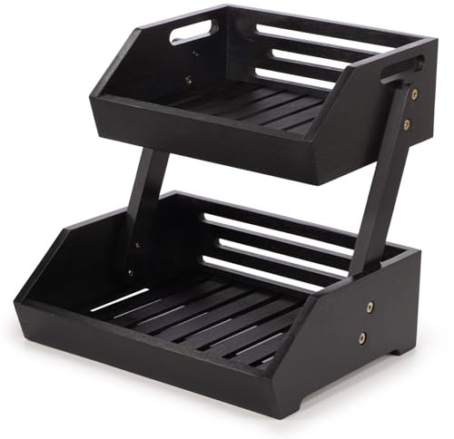 woodluv 2 Tier Fruits Basket Fruits Bowl Holder Storage Basket, Black | Fruits Holder Organiser Fruit Bowl Storage Rack for Kitchen Home Decorative Storage