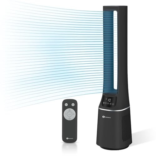 PureMate 2-in-1 Bladeless Tower Fan & air purifier with HEPA Filter, 10 Speed Settings, Portable Ultra Quiet Standing Fan with Remote Control, Digital Display, Powerful Air Cooling for home & office