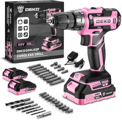 Taladro Atornillador Inalámbrico 20V, DEKOPRO Taladro Atornillador Bateria con 2 baterías y Cargador, 40 Nm, 2 Velocidad y LED, Adecuado para Bricolaje en Casa y Jardín,Rosa