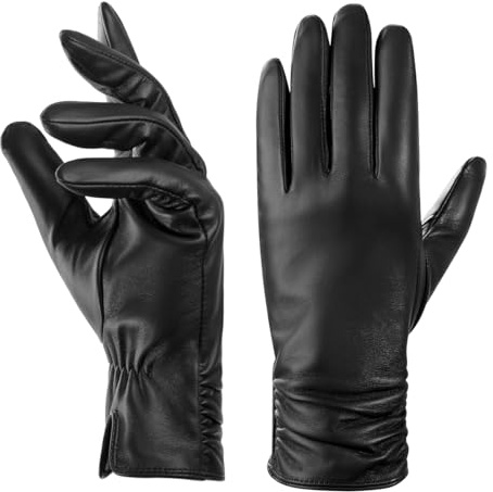 BISON DENIM Winter Leather Gloves for Women Warm Cashmere Lined Touchscreen Texting Sheepskin Gloves for Driving(Black,Medium)