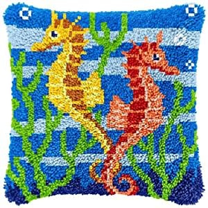 ROCKY&CHAO Latch Hook Kit for Adults & Kids, Complete DIY Cushion Making Craft Kits with Yarn & Canvas and Crochet Needle, Latch Hook Pillow Cover Adult Craft Kits for Women - Seahorse 43x43cm