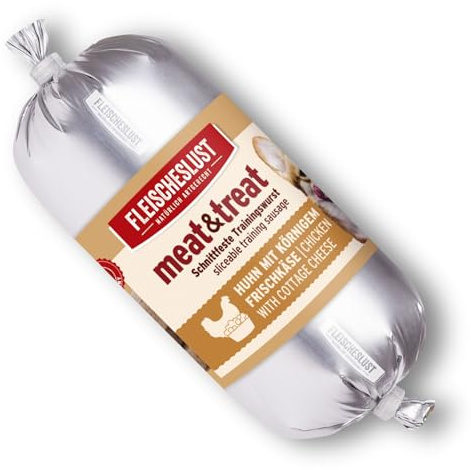 Fleischeslust Salsiccia per cani, Meat&Treat, pollo con formaggio fresco granulato (15 x 200 g), salsiccia da addestramento resistente al taglio, cibo per cani adulti