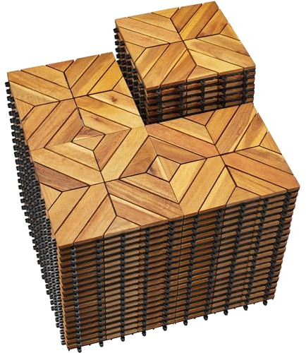 PrimeZone 81 PCS Solid Acacia Wood Interlocking Patio Deck Tiles - 12 x 12 Indoor Outdoor Waterproof Flooring Tiles for Balcony, Backyard & Poolside, All Weather Use, Natural Wood, Square