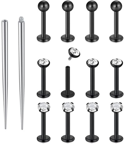 Funseedrr 12 Pezzi Orecchini da Labbro, Bar con Tappo per Piercing, 16G 6/8/10 mm, Argento Oro Nero, in Acciaio Inox con Zircone, per Piercing Orecchini da Trago, Helix, Labret, Medusa, Labbro, Naso