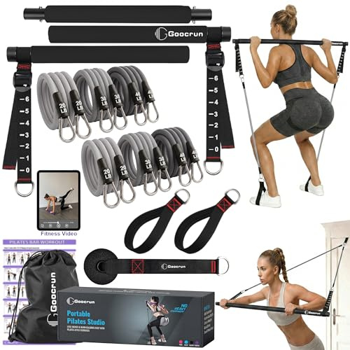 Goocrun Pilates barkit med motståndsband för kvinnor och män – bärbar, multifunktionell hemmagym – stöder helkroppsträning – inklusive träningsaffisch och video