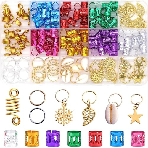 Glamoreal 190 pièces d’accessoires colorés pour cheveux pour femmes, pour tresses, dreadlocks et locs, pinces à cheveux en métal multicolore, élastiques réglables, spirales, clips, anneaux et perles