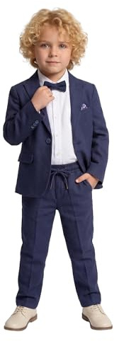 Suit for Boys | 100% Cotton 4-Piece Flexible Comfortable Lycra Fabric Set Shirt, Pants, Jacket, and Bow Tie | with Spandex Party and Formal Wear for Boys Navy Blue
