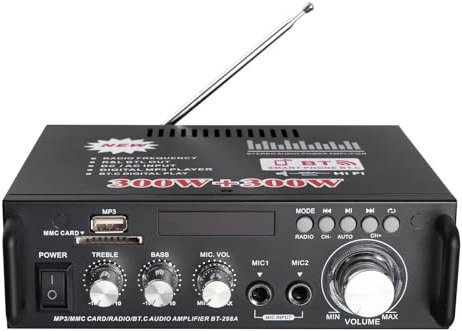 PROZOR Amplificateur Audio Stéréo Bluetooth 300W + 300W Mini Amplificateur Audio Numérique HiFi Musique SD USB FM 12V / 220V avec Télécommande IR
