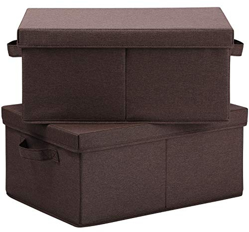 HOONEX Linen Foldable Storage Bins with Lids, 2 Pack, Storage Boxes with Carrying Handles and Sturdy Heavy Cardboard, 16.5 L x 11.8 W x 7.5 H for Shoes, Clothes, Brown