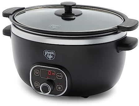 GreenLife Olla de cocción lenta de cerámica de 6 cuartos de galón, sin PFAS, programable, extraíble y saludable para familias grandes, olla antiadherente para asar en la estufa, mantener el calor,