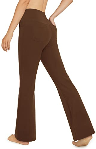 G4Free Yoga Pants for Women UK High Waist Flared Leggings Ladies Stretch Trousers Denim Style with Pockets Dark Brown,L