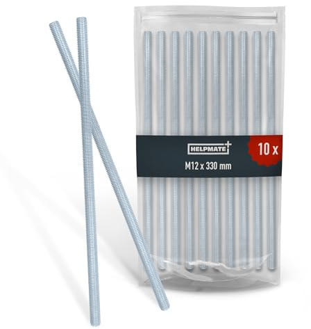 HELPMATE – gängstång M 12 x 330 mm av galvaniserat stål – 10 stycken gängstänger med metrisk helgänga – gängstift med hållfasthetsklass 4.8, DIN 976