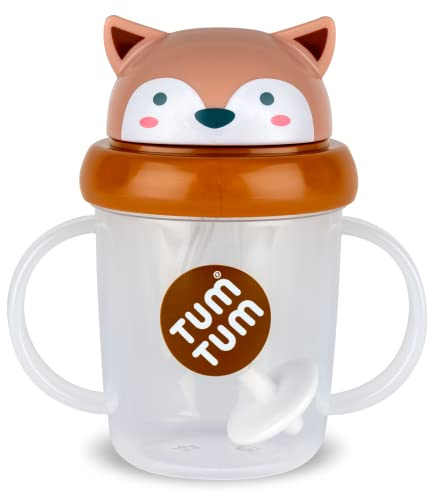 TUM TUM Tasse avec paille lestée, Tasse anti-fuite, Tasse d’Apprentissage pour Bébé, Couvercle Rabattable, Paille en Silicone (Fergus le Renard 200ml)