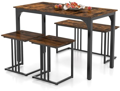 TANGZON Dining Table and Stools Set with Bench, 4 PCS Steel Frame Kitchen Table Set with Reinforced Bars, Wooden Dining Room Set Furniture for Home Living Room Restaurant (Rustic Brown + Black)