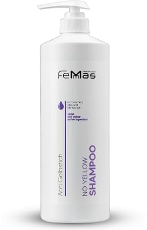 FemMas No Yellow Shampoo 1000 ml I Silber Haarpflege gegen Gelbstich für weißes, graues & blondiertes Haar mit Violett-Pigmenten für ein kühles Finish & Glanz