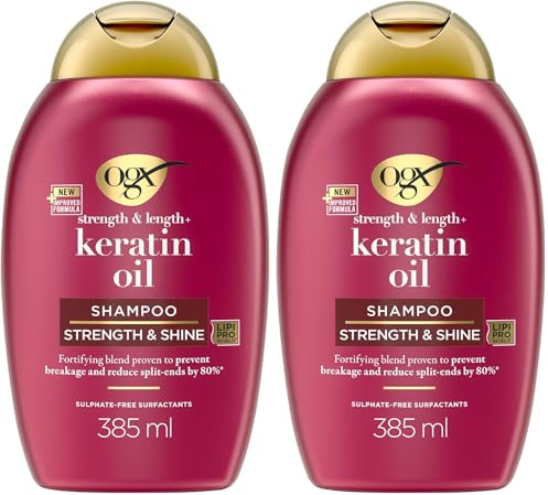 OGX Haarpflege: Stärkendes Anti-Haarbruch-Shampoo mit Keratin Proteinen und Arganöl, Haarpflege Shampoo ohne sulfathaltige Tenside (Packung mit 2 x 385 ml)