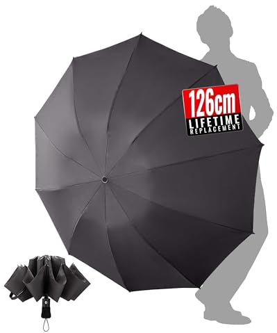 Chakipee Ombrello antivento forte da viaggio compatto automatico grande nero pieghevole ombrello per vento e pioggia – Tessuto portatile 210T – 10 stecche durevole per uomo donna ombrello, Grigio, 50