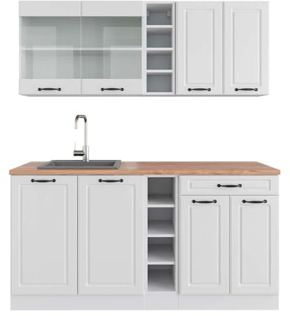 Vicco Singleküche R-Line, Weiß Landhaus/Weiß, 160 cm, AP Eiche, mit Flexibler Anordnung der Module und erweiterbar