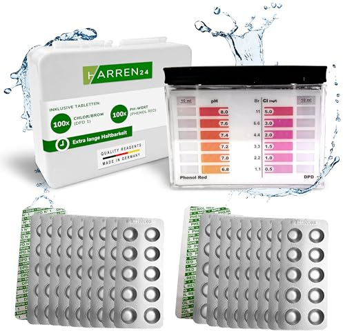harren24 Testkit Set incl. 40 pastiglie per l‘analisi dell'acqua (Rapid) tester per acqua e scatola di conservazione, 20x DPD1 Cloro + 20x Phenol Red valore del pH, analisi dell'acqua di piscina (200)