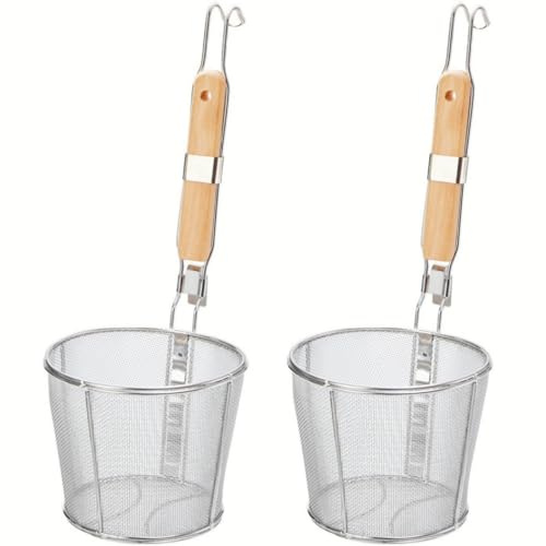ZAVOOS 2 Pack Pasta Strainer Basket, Stainless Steel Mesh Spider Strainer with Wooden Handle for Boiling, Kitchen Fine Food Skimmer Deep Fry Basket for Pasta, Noodle, Dumpling, 5.3''D x 5.1''H