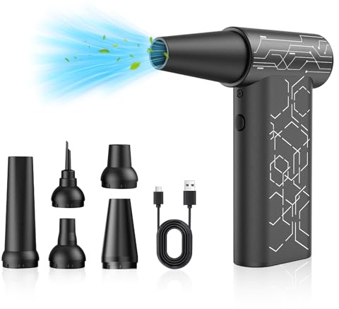 Motor Sin Escobillas 180000RPM, 180W Soplador de Aire para PC, 4 Velocidades Eléctrico Limpiador de Aire comprimido con batería de 8000mAh, Mini Soplador de Polvo Eléctrico para Coche, Oficina, PC