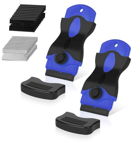 Flintronic Glaskeramikskrapa, 2 x professionell multifunktionsskrapa med 20 fönsterblad, speglar, kakelrengöring (blå)