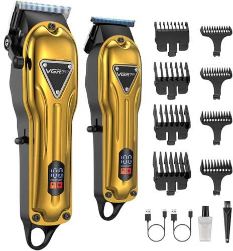 Vgrpro Maquina de Cortar Pelo Hombre, Kit de Cortapelos Hombre y Trimmer Inalámbrica, Cortadora de Pelo con Larga Duración de Batería, Maquinilla cortar pelo Eléctrica para Uso en Familiar(dorado)