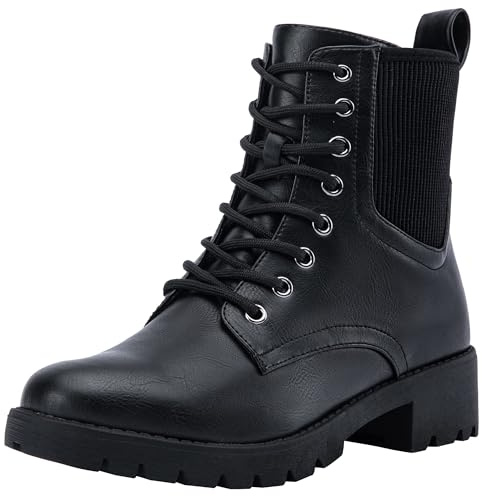 Vepose Women's Black Ankle Boots, Combat Lace up Booties, 916 Size 12 US - with Inner Zipper and Elastic Band (CJY916 Black 12)