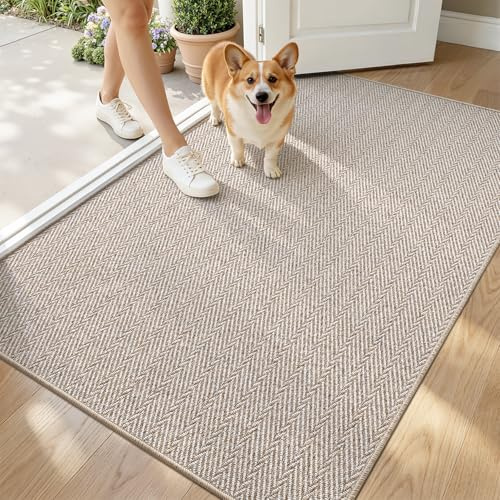 LUMI Ultra Thin Indoor Door Mat for Entrance 36x56, Non Slip Entryway Mat, Low Profile Doormat, Unique Herringbone Design Carpet for Inside, Patio, Porch, Beige