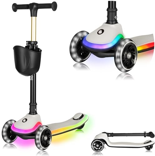 LIONELO Monopattino Bambino a 3 Ruote MEY per bambini da 3 anni fino a 50kg, Monopattino per Bambini con Illuminata e Ruote a LED, Altezza Regolabile, Pedana Antiscivolo, laggero, Cestino (MAY, Beige)