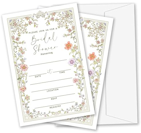 HJLLOQR Bridal Shower Invitations, 25 Sets Floral Wedding Invitation Cards with Envelopes, Garden Flower Wedding Shower Invites for Engagement Party Decorations Supplies (B02)