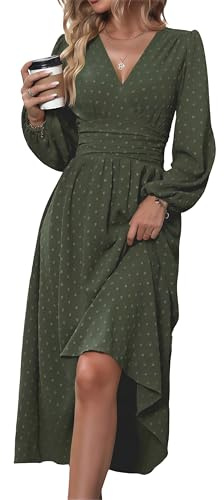 Mettclasi Women's Spring Fall Swiss Dot V Neck Maxi Dress Casual Puff Long Lantern Sleeve A-Line Flowy Dress - Army Green, X-Large