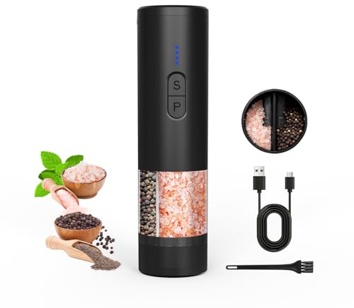 AMOSA Macina Sale e Pepe Elettrico, 2 in 1 Doppio Contenitore USB Ricaricabile Ricaricabile Automatico Saliera e Pepiera con luce LED, doppio macinino in ceramica grossolanità regolabile, Nero