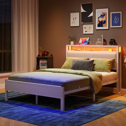 FOUBAM 4FT6 Double Bed Frame with LED Lights and Charging Station, Heavy Duty Metal Platform Upholstered Bed frame with Storage Fabric Headboard,Metal Slats Support,Mattress Foundation (White)