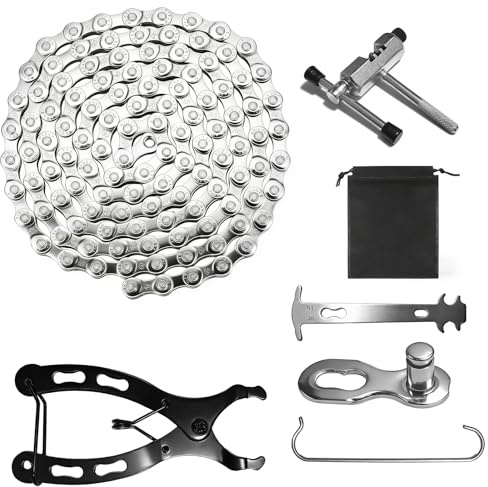LINLINOI Fahrradkette 1/2 x 3/32 Inch (116 Glieder) – 6/7/8 Fach Kette mit Werkzeug Set, Kettennieter, Gliedzange & 3 Kettenschlössern für Mountainbike