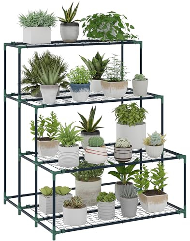 Outsunny 4-Etagen Pflanzenständer, 110 cm hoch Blumenständer mit 24 Clips, Pflanzenregal aus Stahl, mehrstöckig Blumenregal, Blumentreppe Blumentopfständer für Garten Balkon Deko, Dunkelgrün