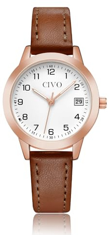 CIVO Montre Femme en Cuir Analogique: Quartz avec Aiguilles Lumineuses | Montres de Cérémonie Élégante avec Date pour Travail & Quotidien - Cadeau Classique pour Anniversaire & Saint-Valentin