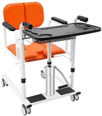 Chaise de Transfert Hydraulique pour Patient, Lève-Personne Capacité 150kg, Fauteuil Roulant Portable, avec Bassin de Toilette et 4 Roues à Freins, Aide à la Mobilité pour Seniors et Handicapés Orange