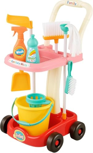 RIZZIIZ Kids Cleaning Trolley Playset, Pretend Play Role Play Toy, Little Helper Cleaning & Gardening Set with Wheels, Educational Toy for Boys & Girls, 17 Accessories