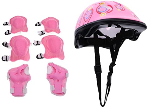 Generic Set de 7 Protections Sécurité de Skate Roller Vélo pour Enfant Casque+Genouillères+Coudières+Coussins Poignet, Rose