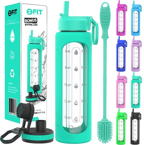 FIT Strong & Healthy 32 oz Glass Water Bottle with Straw Lid, Time Marker, Sleeve, & Brush - Motivational, Wide Mouth, Large BPA-Free, Glass Drinking Bottle, Waterbottle (Seafoam Sleeve, with Brush)