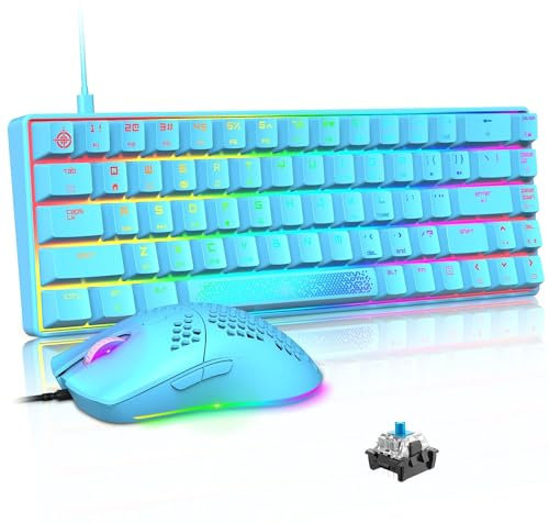 LexonElec KM614 65% Mechanical Gaming Keyboard and Mouse Combo,LED RGB Backlit,Compact Wired Type C Keyboard,12000 DPI Honeycomb Light up Mice for PC Mac Office Gamers-Blue with Blue Switch